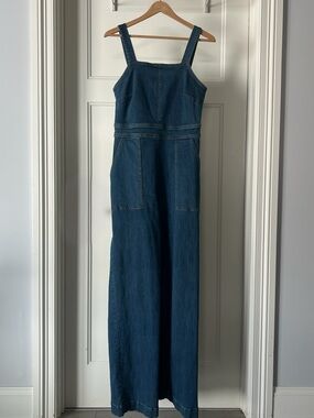 Classic Dark Blue Denim Square-Neck Jumpsuit